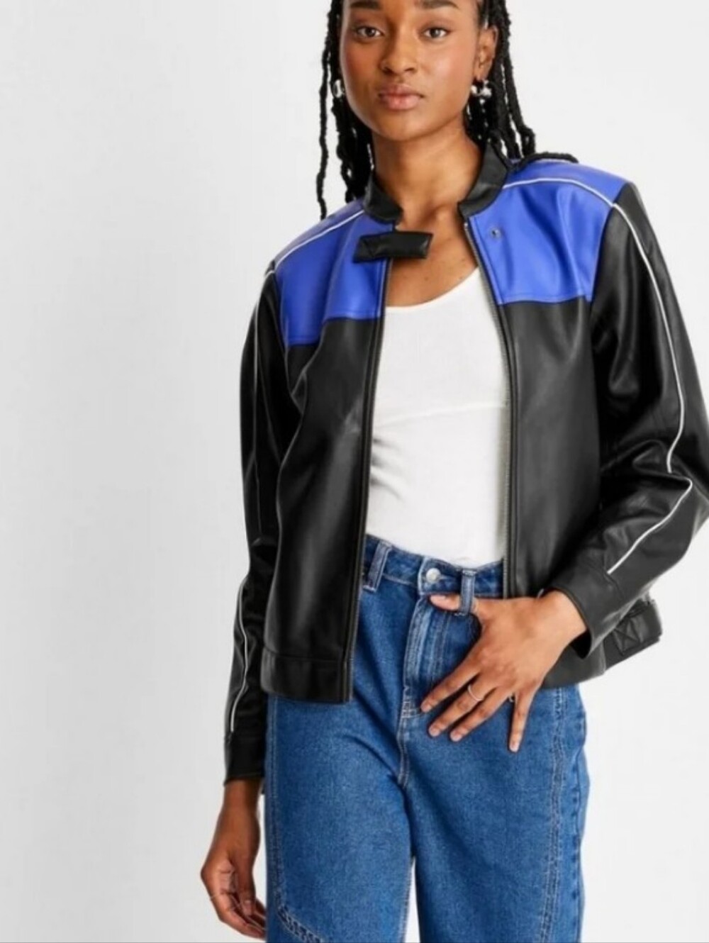 NWT Black & Blue Faux Leather Bomber Jacket Zipper Accents Misses Size XXS